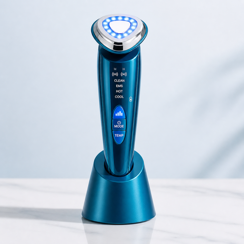 Appareil de massage visage bleue au design élégant posé sur une surface propre avec lumière douce