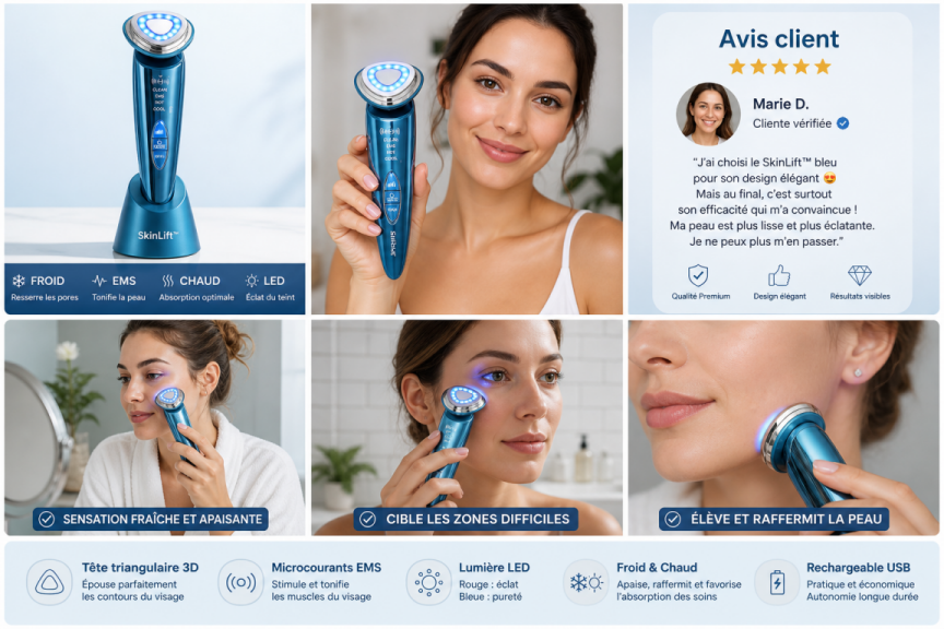 Utilisation d’un appareil de massage visage bleue sur la peau dans une routine de soin quotidienne
