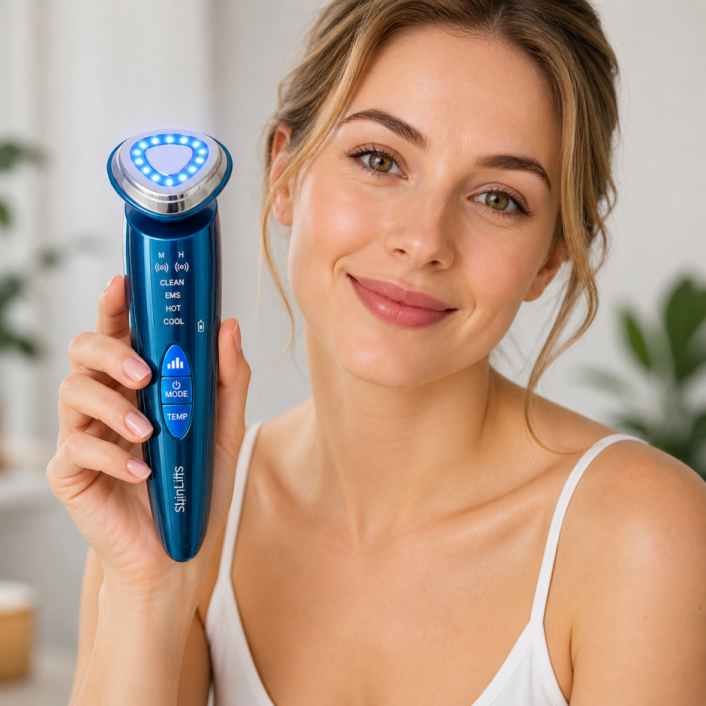 Femme tenant un appareil de massage visage bleue montrant son design moderne et sa prise en main