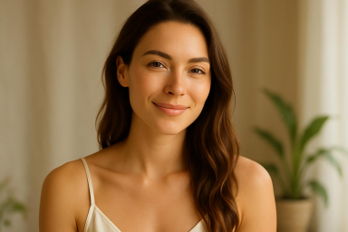 Femme à la peau faciale luisante, rajeunie après usage de l'appareil viasage LED 7-en -1